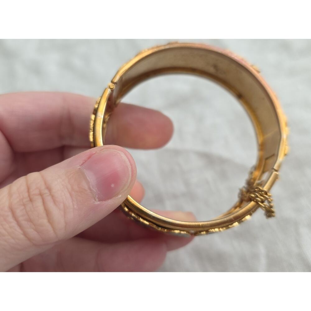 Gold Tone Hinged Bangle Bracelet With Cloisonné Butterflies & Safety Chain - Picture 8 of 12
